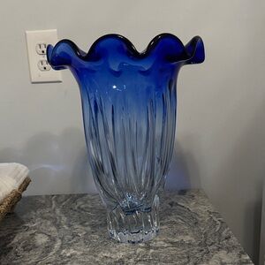 Vintage Cobalt Blue Swirled Crystal Trumpet Vase